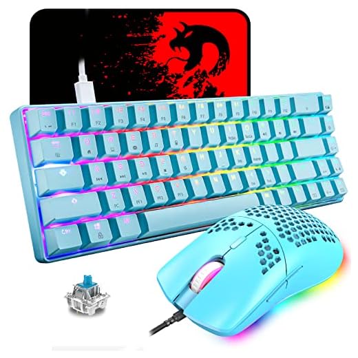 Mekaniskt tangentbord och mus spel, 60 % 68 tangenter RGB-bakgrundsbelyst upplyst speltangentbord trådbundet USB C och spelmus 6 400 DPI PC-möss och musmatta kompatibel med PS4, PS5, PC, bärbar dator – blå/blå omkopplare
