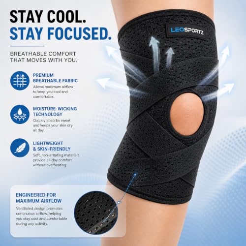 Image of Leosportz Knee Support for Pain Relief - Knee Cap for Men Women | Adjustable Compression Knee Support for ACL, MCL, Arthritis, Running, Sports & Recovery (Black, L)