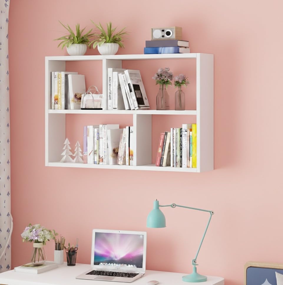 Image of RUNNUP Floating Wall Mount Bookcase Engineered Wood Book Shelf Decor Wall Shelf for Study Room Office Living Room, White 31.5 inch L x 7.9 inch W x 25.6 inch H