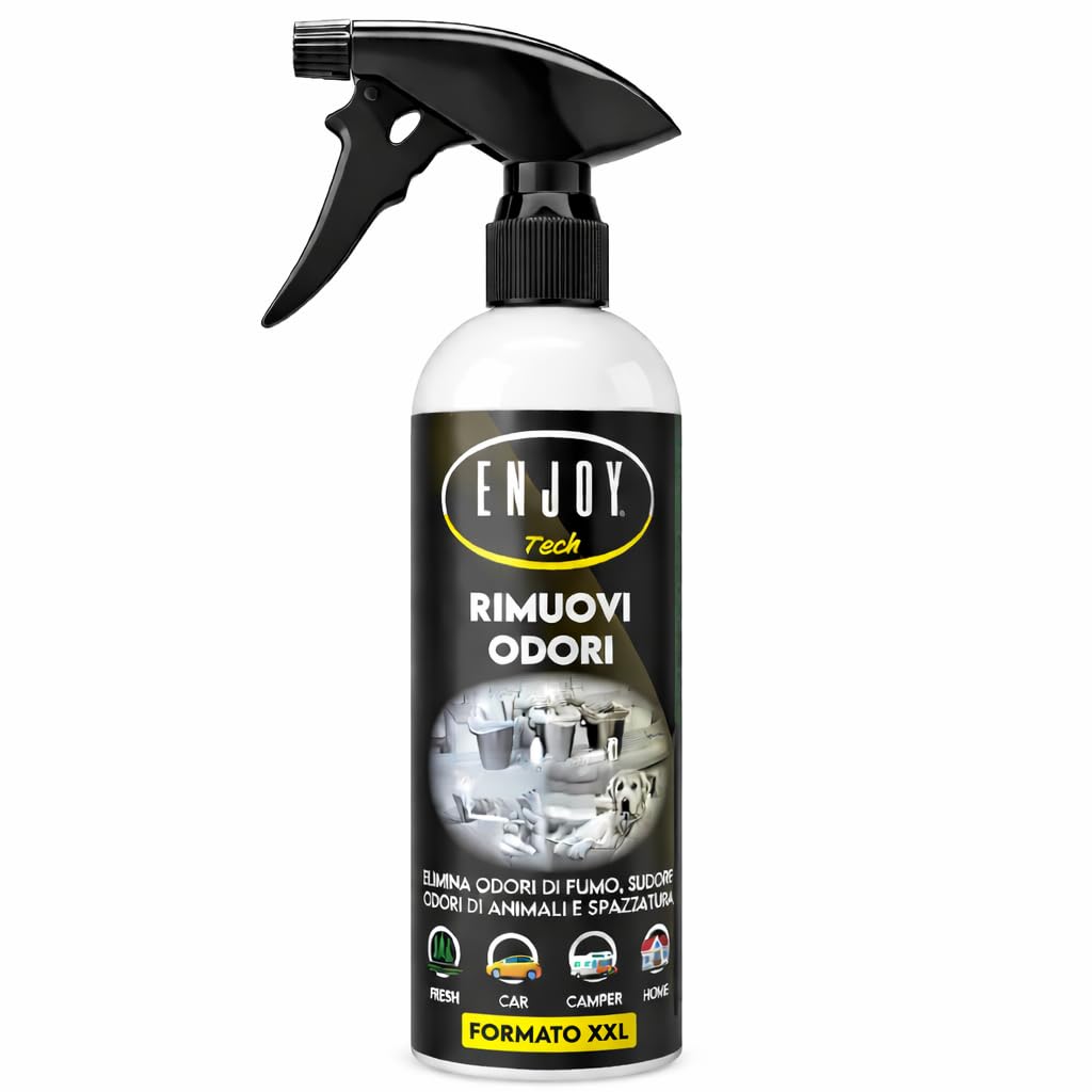 ENJOY TECH Rimuovi Odori Spray 500 ml – Neutralizza Odori di Fumo, Animali, Cibo e Sudore – Assorbi-Odori per Tessuti, Divani, Auto, Scarpe e Accessori Sportivi – Made in Italy