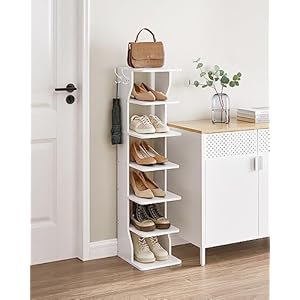 VASAGLE 7-Tier Vertical Shoe Rack, Narrow Shoe Storage Organizer with Hooks, Slim Corner Shoe Tower Rack, Space Saving for Entryway and Bedroom, White ULBS200T14 VASAGLE 7 Tier Vertical Shoe Rack Narrow Shoe Storage Organizer with Hooks Slim Corner Shoe Tower Rack Space Saving for Entryway and Bedroom White ULBS200T14