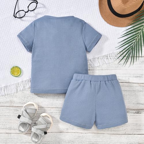 Toddler Baby Boy Summer Clothes Solid Color Waffle Short Sleeve T-shirt Shorts Set Infant Summer Outfit 2pcs3