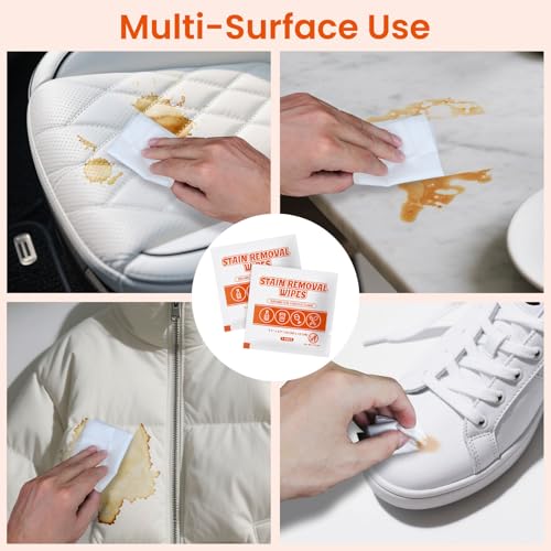 Image of Stain Remover Wet Wipes Bulk, Individual Wrapped Clothes Portable Travel Messy Eater Cleaning Laundry Stain Removal Wipes Pocket Size for Clothing Fabric /Wine /Fast Food 7.1 x 4.7 Inch (White 200)
