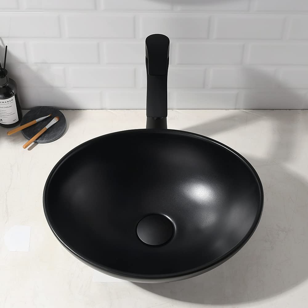 Fregadero de recipiente negro mate de 16 x 13 con grifo y drenaje combinado, fregadero de baño ovalado de porcelana sobre el mostrador 8