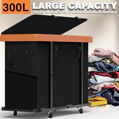Image of 300L Large Fashion Laundry Basket with Wheels, Leather Patchwork Rolling Hamper Carts, Sturdy Metal Frame, Removable Washable Bag, Tall Clothes Sorter for Bedroom (Black, 4 Section-300L)