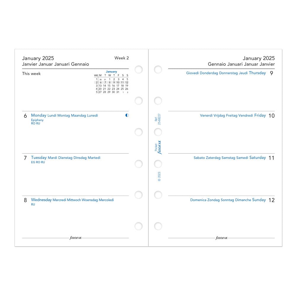 Filofax Domino C022610-25 - Agenda settimanale 2025, formato tascabile, formato tascabile, effetto pelle, effetto grana, tattile, con 6 anelli, visualizzazione settimanale, multilingue
