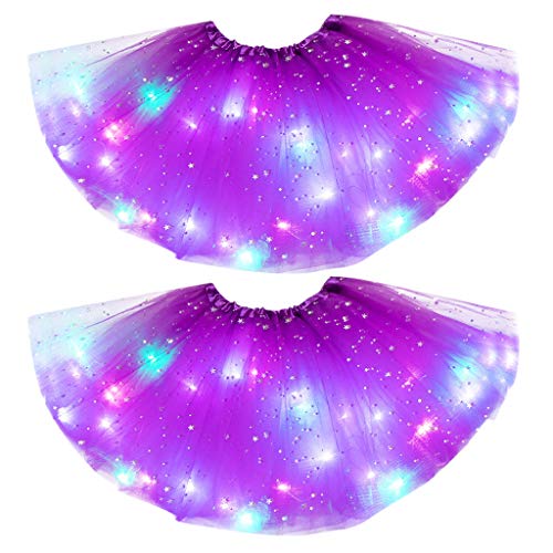 IMJONO 2PCS Jupe Bébé Fille Tutu Magique Lumière Princesse LED Jupe De Danse, Scène De Fête De Noël Lumineuse Tulle Ballet Vêtements Enfants Fille Mini Jupe(A-Violet Cover
