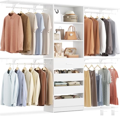 8FT Wood Closet Organizer System with 4 Drawers and Shelves for Walk-in Closet - White (Fits Spaces 4-9 ft)