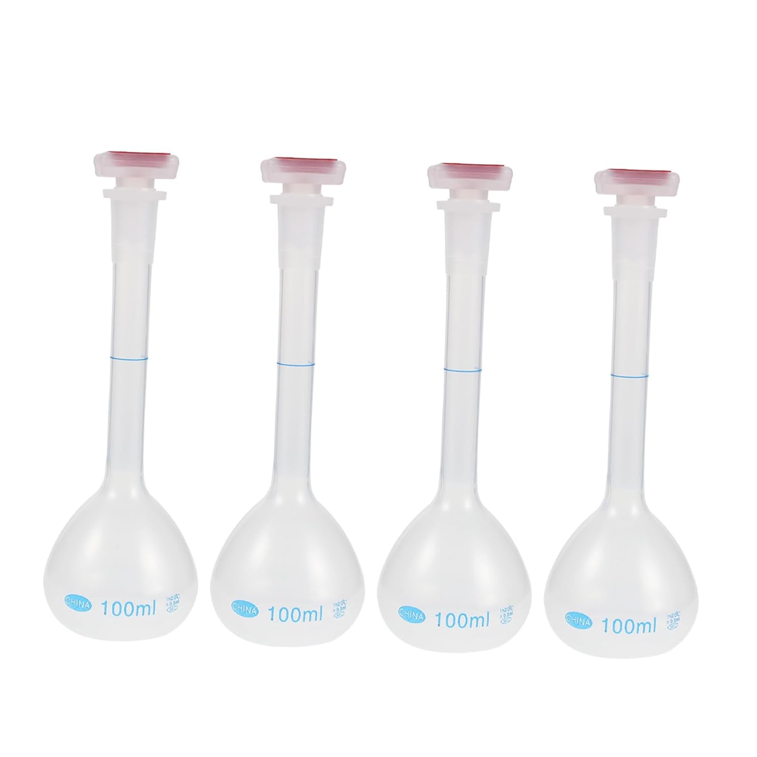 4pcs 100ml Plastic Volumetric Flasks with Stopper Set, Graduated Measuring Chemistry Flasks for Laboratory Solution Preparation and Liquid Measurement