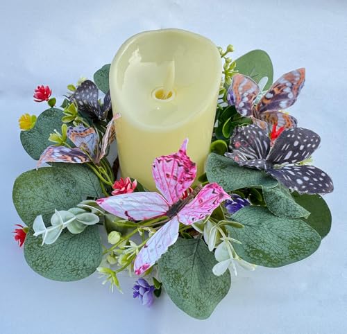 Set of 2 Butterfly Candle Rings Wreaths 4 inch Center, Spring Summer Floral Candle Holder Rings Artificial Butterflies with Eucalyptus Leaves Easter Candle Wreaths Rings