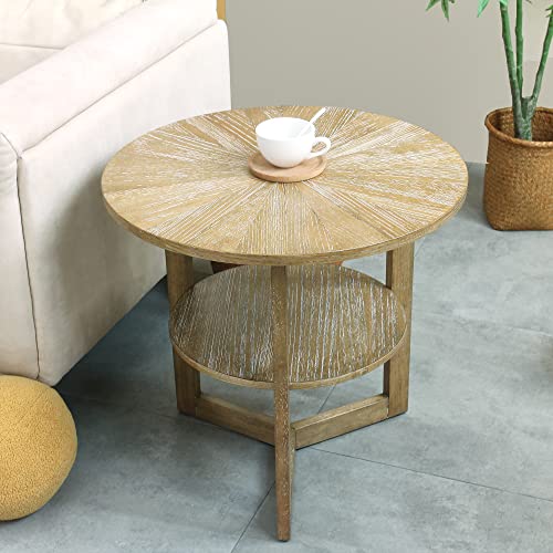 Gexpusm Natural Wood Round End Table, Wooden Side Table With Storage Shelf, Solid Wood Bedside Table In Bedroom, Oak Table Legs, 25'' X 25'' X 24'', Natural Wood Surface. #TOP9