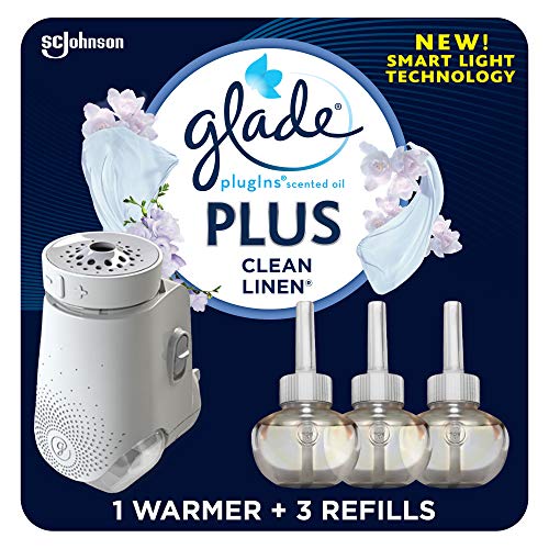 Glade PlugIns Plus Refills Air Freshener Starter Kit, Clean Linen, Scented and Essential Oils for Home and Bathroom, 0.67 Fl Oz, 1 Warmer + 3 Refills