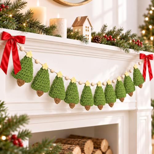 6.7ft Crochet Christmas Tree Garland, Rustic Tree and Wooden Bead Banner | Farmhouse Mantel Hanging Garland with Red Bow for Christmas Party Home Decor, Pine Tree and Bead Banner Decoration