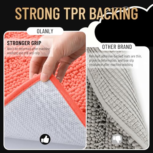 Image of OLANLY Thick Bathroom Runner Rugs 47x17, Extra Absorbent Chenille Striped Bath Rugs, Rubber Backing, Machine Wash Dry, Long Bath Mats for Bathroom Floor, Tub and Shower, Home Decor Accessories, Coral