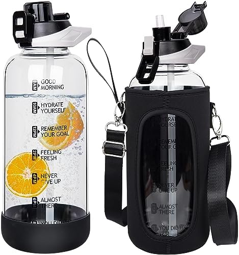 2 Liter Glas Trinkflasche Mit Früchteinsatz & Strohhalm - BPA Frei Mit Zeitmarkierung