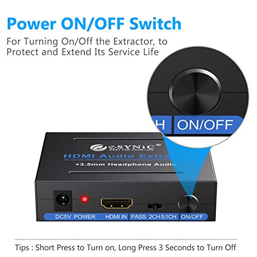 eSynic 1080P HDMI Audio Extractor HDMI to HDMI + Optical TOSLINK SPDIF + Analog RCA L/R +3.5mm Jack Stereo Audio Video Splitter Converter with Power ON/Off Switch Support Full HD1080p 3D - Thumbnail 2
