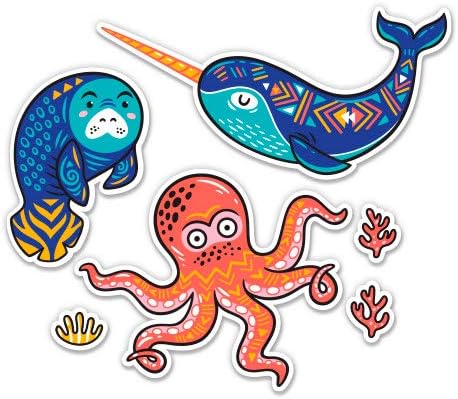 Underwater Set Cute Norwahl Manatee Octopus - 4" Total Sheet Area - Vinyl Stickers - for Car Laptop I-Pad Phone Helmet Hard Hat - Waterproof Decals