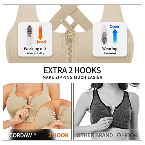 Image of Cordaw Zipper in Front Sports Bra High Impact Strappy Back Support Workout Top