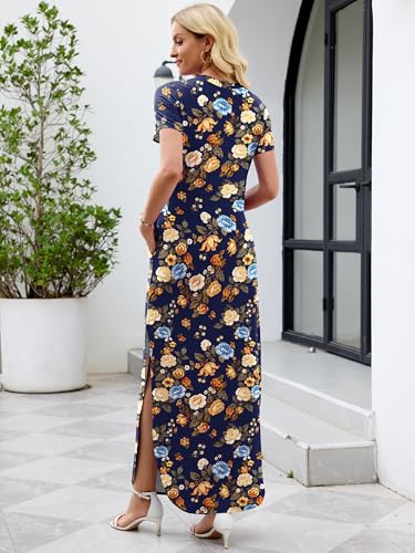 Image of Heymoments Womens Summer Maxi Dress Short Sleeve Casual Loose Long T Shirt Split Vacation Beach Sundress with Pockets