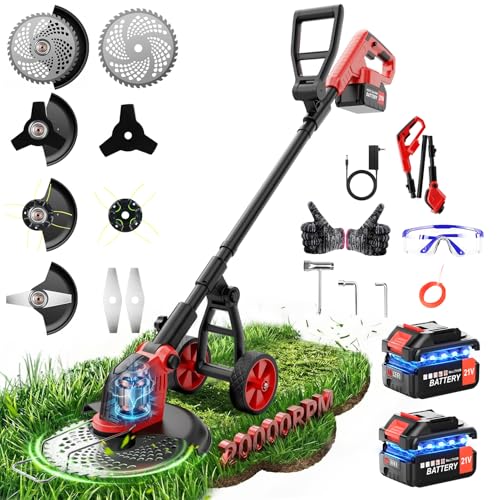 20000RPM Electric Weed Wacker Cordless with Wheel 12 Electric Weed Eater Battery Powered 4-in-1 Brush Cutter/String Trimmer/Grass Trimmer/Edger Tool Stringless Weed Trimmer 2 Battery