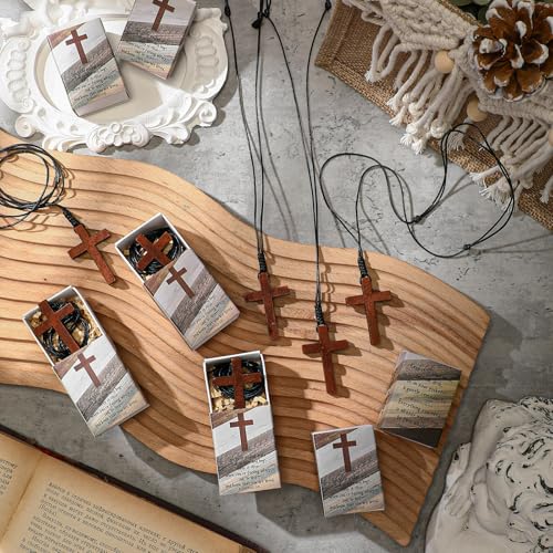 Tondiamo 24 Set Christian Gifts Wooden Cross Necklace Bulk Wood Cross Pendant Prayer Box Religious Necklace for Men Women Church Sunday School Party4