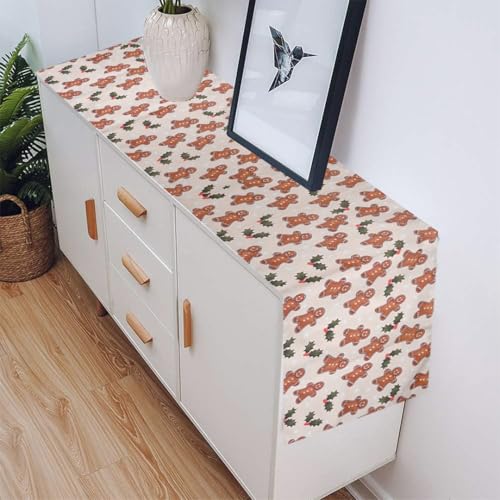 Image of 135 cm Dining Table Runner - Gingerbread Man Theme,Digital Print, Washable, Indoor /Outdoor, Heat-Proof, Wipe & Clean (135X33 cm) Cream & Brown