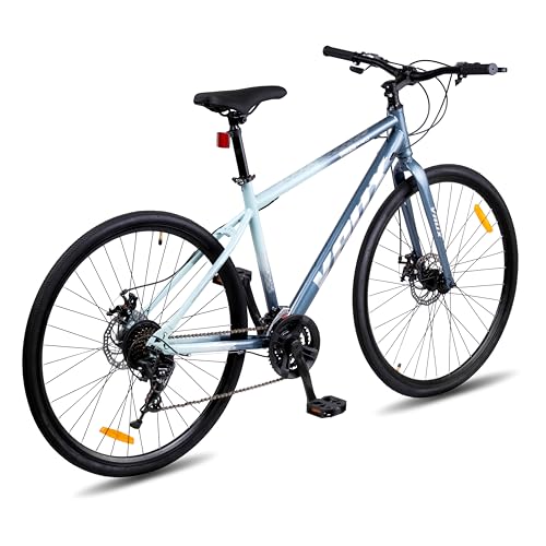 Image of Vaux City-Pro Hybrid Cycle for Adults with 21 Speed Shimano Gears| 19 Inch HI-Ten Steel Frame| Dual Disc Brakes| 700x35C Tyres|Double-Wall Alloy Rims(Nardo-Grey, Multispeed, Rigid Fork)