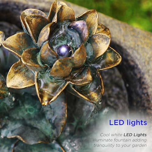 Image of Alpine Corporation USA1393 Outdoor Floor Vintage Pedestal Lotus Rock Water Fountain, Soothing Pedestal Waterfall, 30 inch, Brown