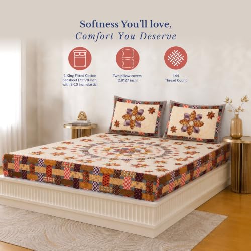 Image of Jaipur Weaves Bedsheet King Size 100% Pure Cotton Bed Sheet with 2 Pillow Covers, 144 TC Premium Bedding Set, 72x78 inches,(Floral Mandala Orange, Super King Fitted)