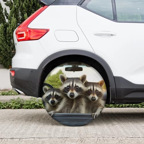 Image of Spare Tire Cover Raccoon Driving Car Wheel Covers Protectors Waterproof Dust-Proof Universal Fit Trailer, RV, SUV and Many Vehicle 15 Inch
