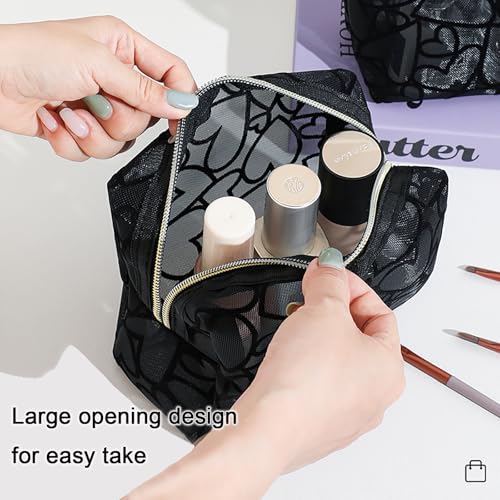 Image of Square Mesh Makeup Bag Flocking Heart Printed, Portable Travel Mesh Cosmetic Bags Toiletry Bags Makeup Purse Bags Five-pointed star zipper pull Storage Pouches, for Home Travel Accessories