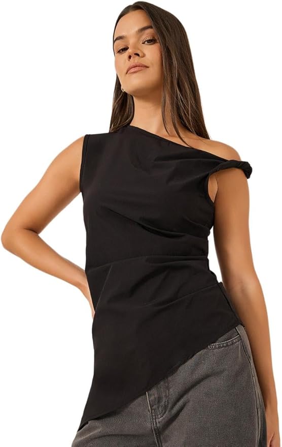 Styli Women 7012393701 Solid Asymmetric Hem One Shoulder Sleeveless Top