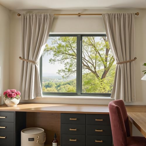 Image of Beige Velvet Curtains Neutral Rod Pocket 52x63 Inch 2 Panels | Soft Velvet, Room Darkening, For Small Windows, Kitchens & Bathrooms, Light Shifting Texture, Elegant Drape, Cozy
