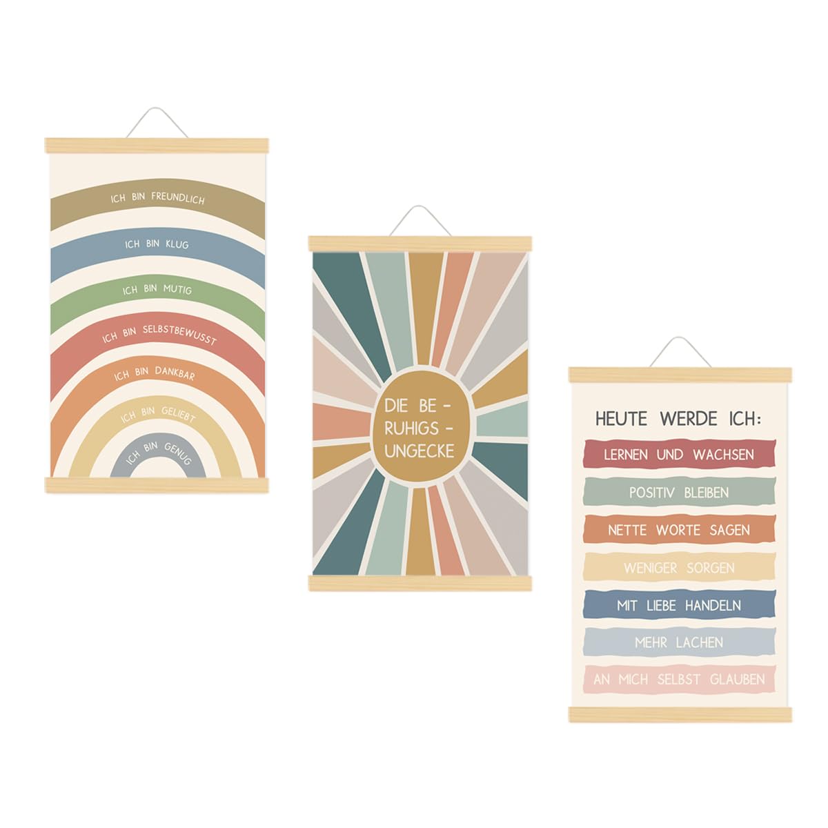 EASTJOY 3 Stück Poster Psychische Gesundheit, Wachstumsmentalität & Positive Affirmationen für Kinder - Leinwandbild Mit Teak Holz Posterleiste，für Beruhigende Ecke oder Klassenzimmer Dekoration