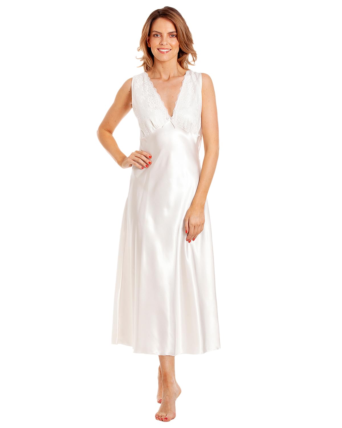 Slumber Hut Women's Ivory Satin & Deep Lace Long Chemise Nightdress With Build Up Shoulder 10-12