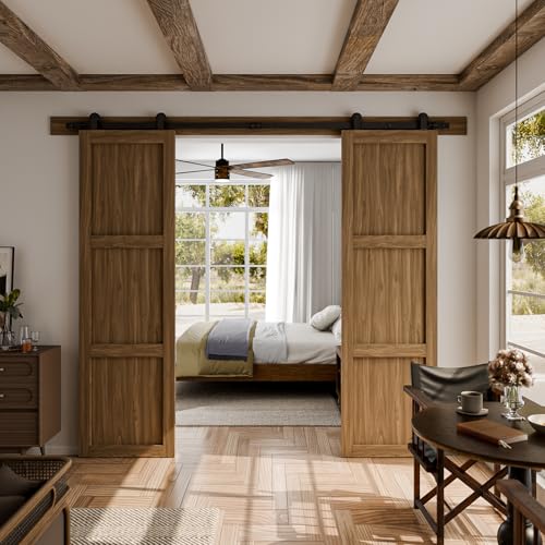 Image of CCJH 8FT Sliding Barn Door Hardware Kit, Heavy Duty, Smoothly and Silently, Easy to Install, Fit 24 inch Width Double Door Panel, T-Shaped Style Black