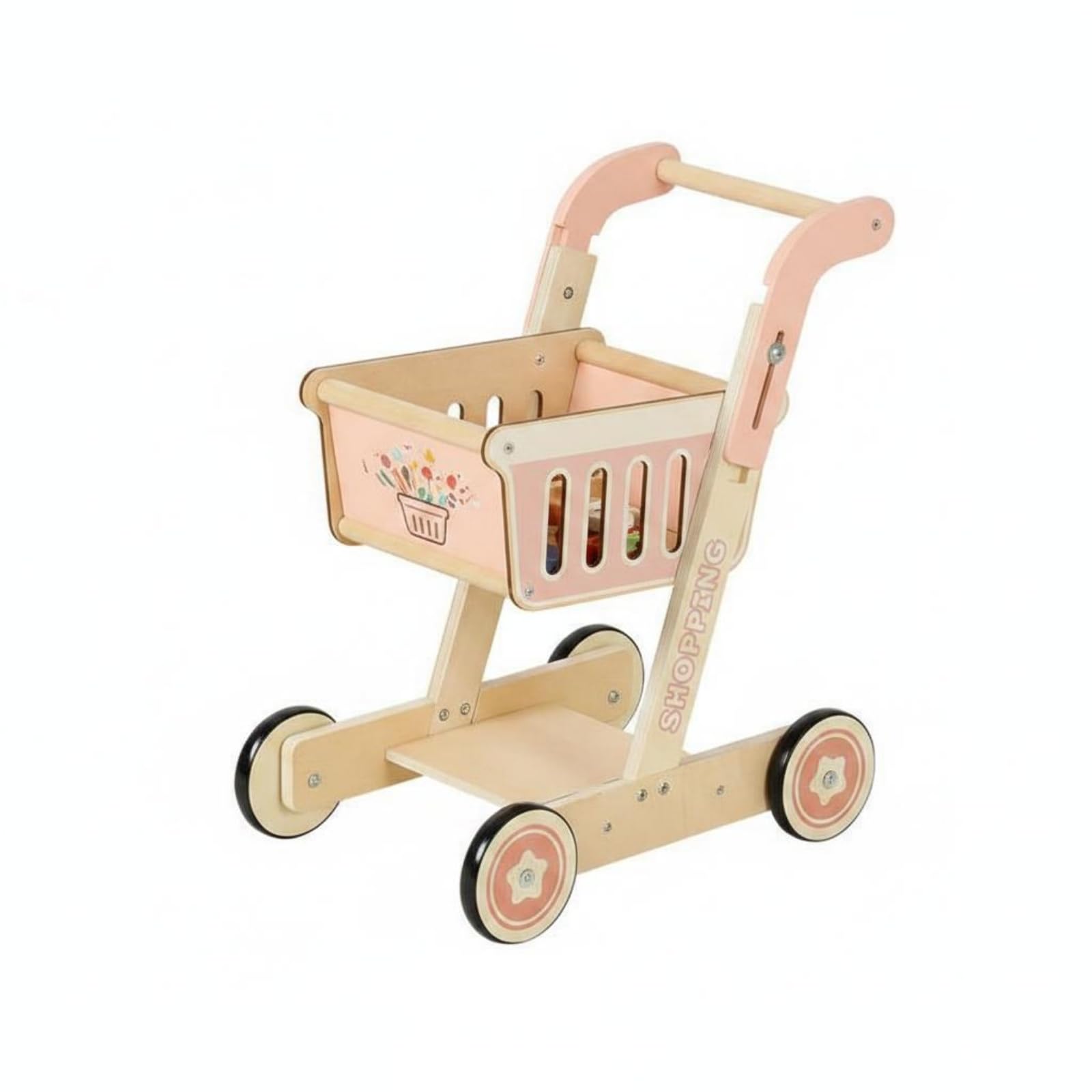 Harilla Kinder Einkaufswagen Spielzeug Holz Einkaufswagen Kinderwagen Rollwagen mit Holzrahmen Pushgriff Offener Ablage Und Seitenschlitzen für Rollenspiel Laden Alltag, Rosa Einkaufswagen