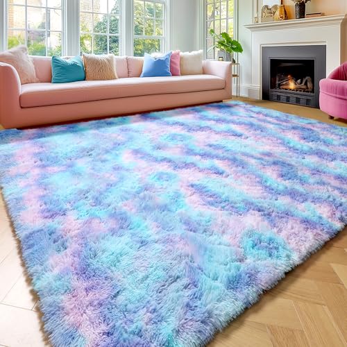 Amdrebio Purple Rainbow Mermaid Area Rugs 9x12 for Girls Bedroom Decor Aesthetic, Plush Fluffy Kawaii Large Big Rugs for Kids Room Nursery Playroom, Cute Stitch Frozen Fuzzy Furry Baby Toddler Carpet
