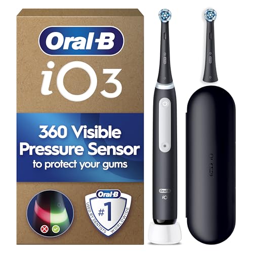 Oral-B iO3 Electric Toothbrush for Adults, Matt Black, Pressure Sensor, With 2 Toothbrush Heads, Long-Lasting Battery with Travel Case for Home and Travel, 2 Pin Plug