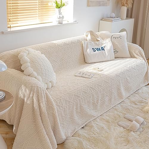 Homxi Sofa Überzug 4 Sitzer Big Sofa,180x340CM,Sofa Universal Bezug Volltonfarbe mit Geometrischem Muster Sofa Überzug Plüsch Sofa Handtuch Weiß Couchbezug Universal