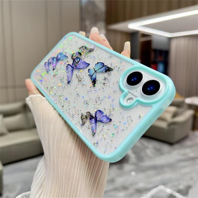 Image of VONZEE for iPhone 16 Plus Clear Glitter Butterfly Case, Cute Bling Sparkle Shiny Soft TPU Bumper Shockproof Women Girls Slim Protective Phone Cover for iPhone 16 Plus 6.7 inch,Mint Green