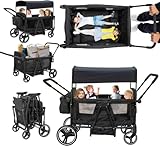 Voupou Luxury 4 Seater Wagon Stroller All-Terrain Baby Tandem for 2 3 4 Kids –Push&Pull Foldable Wagon with 5-Point Harness,Adjustable Canopy,Snack Tray for Toddlers’ Beach,Park & Outdoor Adventures