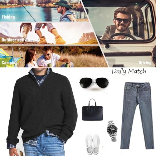 Men's Cashmere Business Casual Zipper Sweater, Mens Quarter Zip Pullover Sweaters Waffle Texture Mock Neck Polo Sweater2