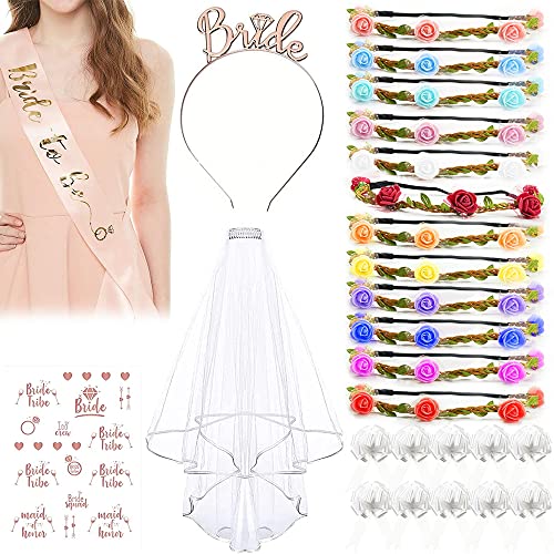 26 Piezas Accesorios Despedida de Soltera, Bride to Be Sash and Veil Flores Corona Diadema de Novia Tatuajes Temporales Adecuado con 10 Lazos Regalo para Despedidas de Soltero Decoraciones de Boda Cover