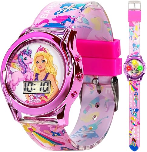 Mattel Barbie Kids Digital LCD Watch with Curved Bezel, Flashing Dial Lights and Printed Pink Strap Featuring Barbie and Unicorn Graphics Ages 4+ Fits Wrists 5.5