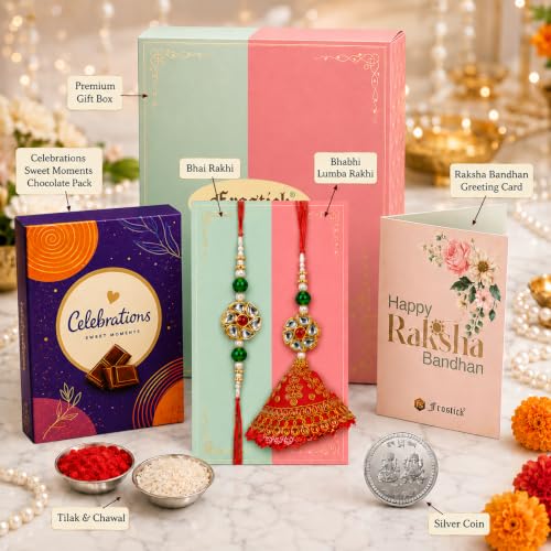 Image of Frostick Rakhi Set Bhaiya Bhabhi Raksha Bandhan Gift Combo Flower Design with Small Celebrations Chocolate, Roli, Chawal, Greeting Card & Gift Box (Design 2 Rakhi)