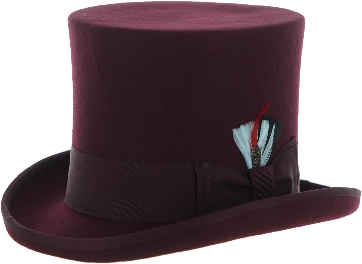 Ferrecci Wool Felt Top Hat /18 Colors/with Grosgrain Ribbon and Removable Feather- Unisex, Men, Women