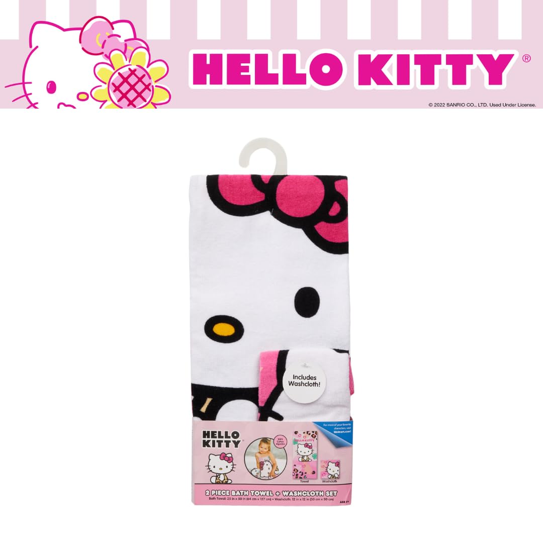 Franco Hello Kitty Kinder-Bad/Pool/Strand, weiche, saugfähige Baumwolle, Frottee-Handtuch mit Waschlappen, 2-teiliges Set, 127 x 63,5 cm, offizielles Lizenzprodukt