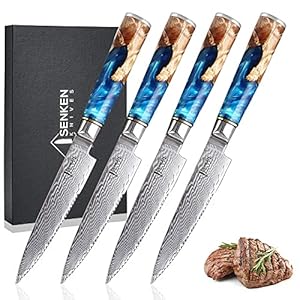 SENKEN Damascus Steak Knife Set – Tsunami Collection – 67-Layer Japanese VG10 Steel – Razor Sharp Serrated Blades, Blue Resin & Natural Wood Pattern Handles, Luxury Gift Box (4 Steak Knife Set)