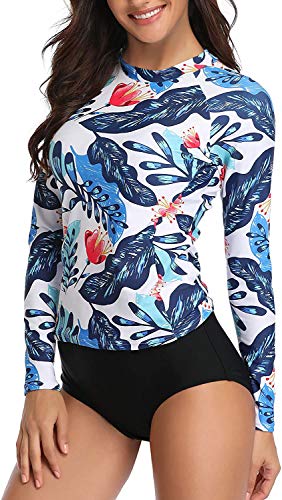 image for Daci Women Blue Flower 2 Piece Rash Guard Long Sleeve Bathing Suit wit